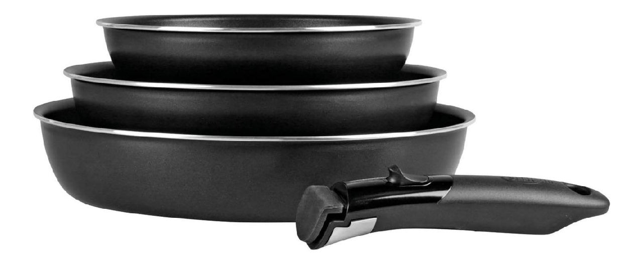 Sitram 712757 Lot du 3 poeles Sitramovible en aluminium presse ?20/24/28cm revetement antiadherent poignee amovible Tous feux dont induction Noirargent