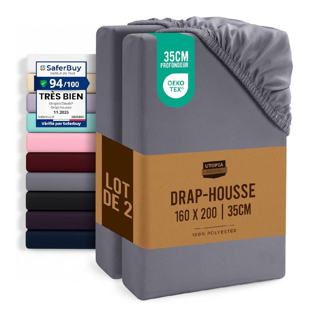 Utopia Bedding Lot du 2 Drap Housse Gris 160 x 200 cm Bonnets 35 cm pour Matelas epais Certifie OekoTex Polyester Microfibre brossee