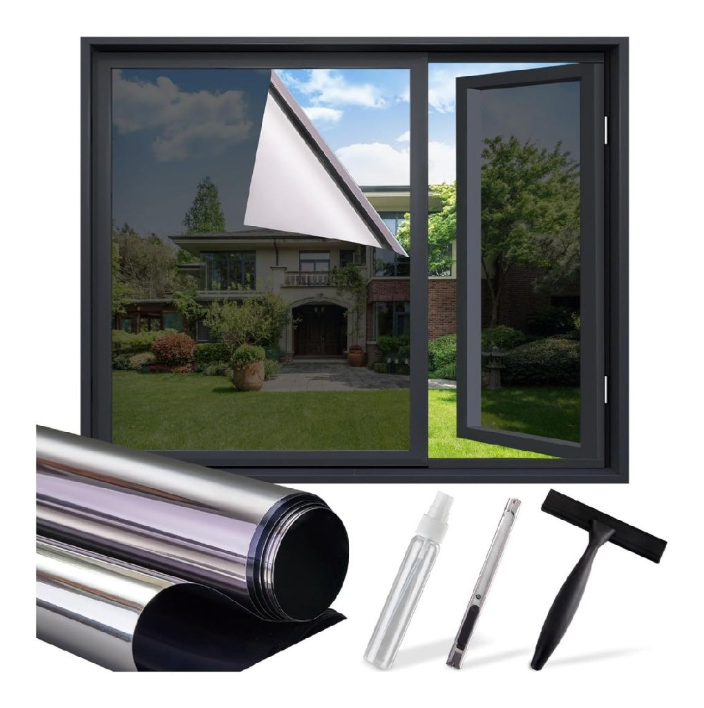Solaire Film Lifetree Fenetre Anti Chaleur Kit Outil 60x200cm NoirArgent Effet miroir pour intimite Bloque 99 UV chaleur Antireflet Pose sans colle sans trace Ideal bureau appartement